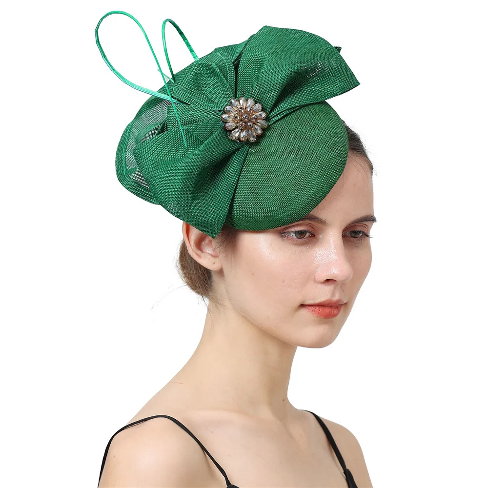 

Church Party Green Bow Fascinators Hats Women Elegant Ladies Headwear Hairpin Fedora Caps Feather Hair Accessories SYF480