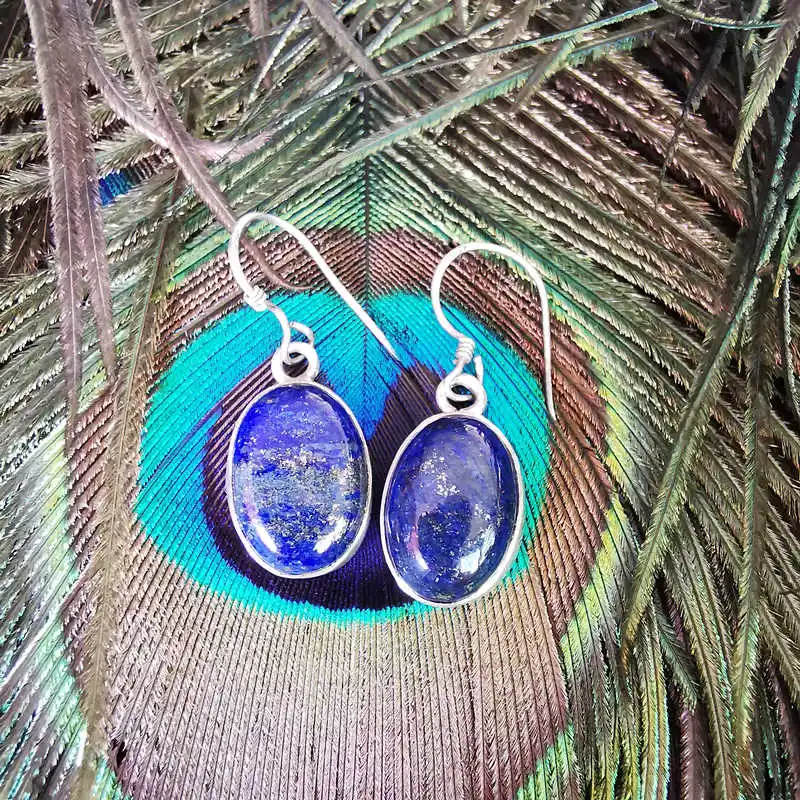 Nepal Handmade Vintage Jewelry Earrrings Silver Inlaid Lapis Lazuli Oval Drop Earring T9115