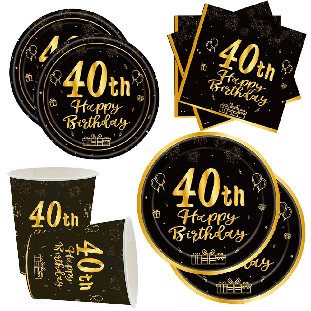 Black Gold 40th Birthday Disposable Tableware Party Paper Plates Napkin Cups 40 Years old Happy Birthday Party Supplies