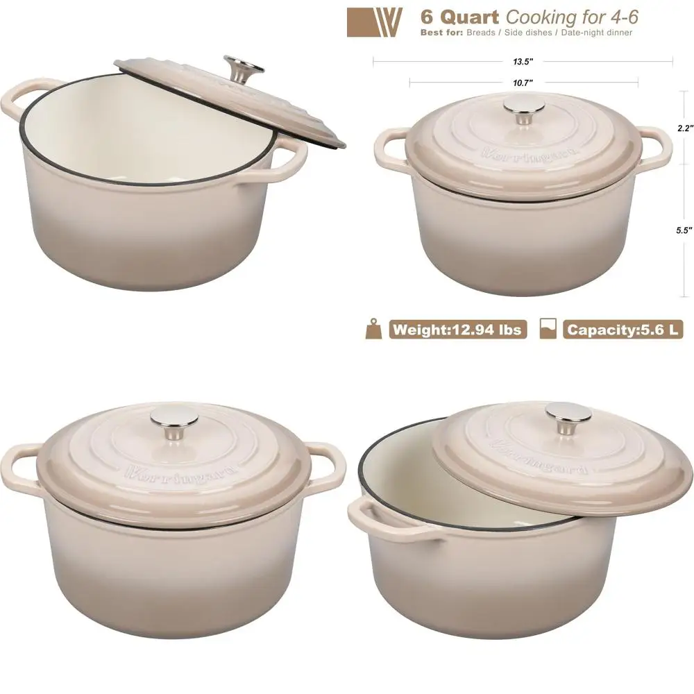 

6-Quart Round Enamel Dutch Oven with Lid, Ideal for Sourdough Bread, Latte Color