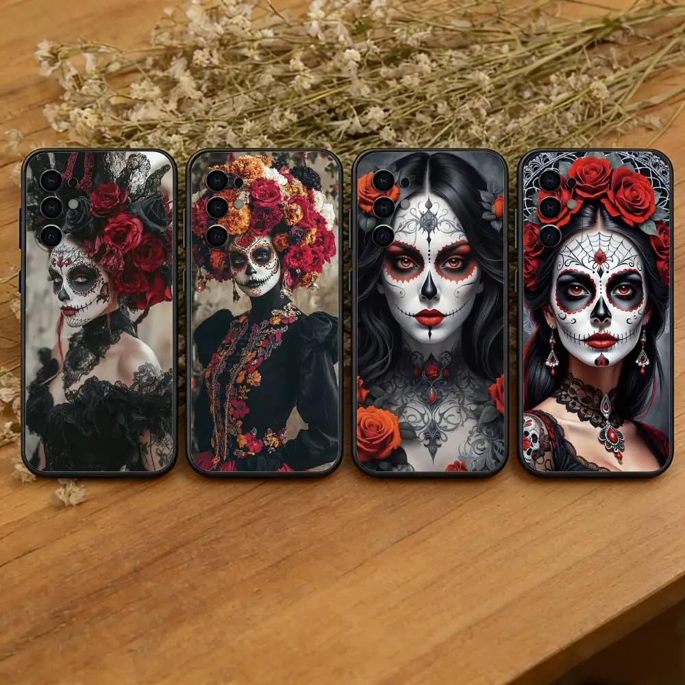 Mexican Catrina Skull Girl Phone Case For Samsung S25,S24,S21,S22,S23,S30,Ultra,S20,Plus,Fe,Soft Silicone Black Cover