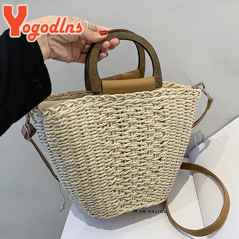 Summer Straw Bucket Bag Female Large Capacity Beach Bags Rattan Handmade Crossbody Bag Vacation Tote Woven Handle Bag