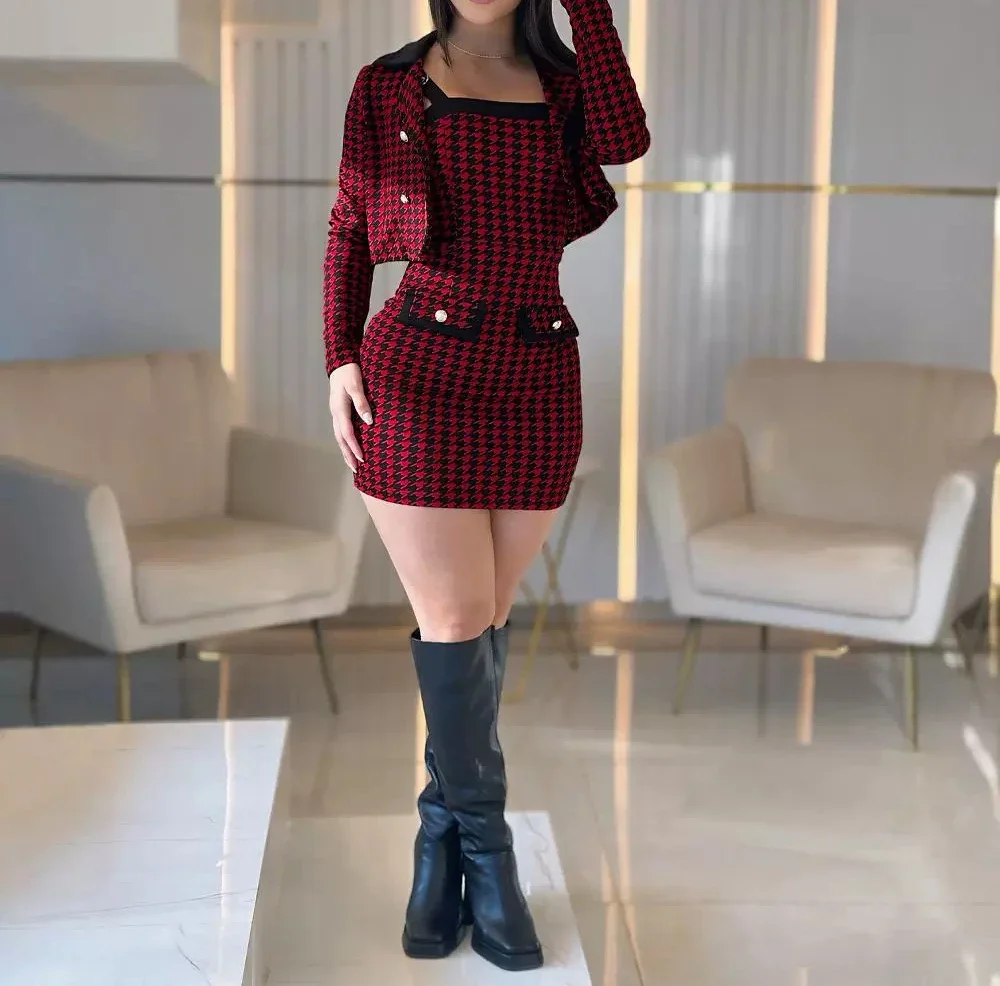 Elegant Women Sets New 2Pcs Houndstooth Print Slip Square Neck Skinny Dress& Button Long Sleeve Coat Suits 2024 Autumn Winter