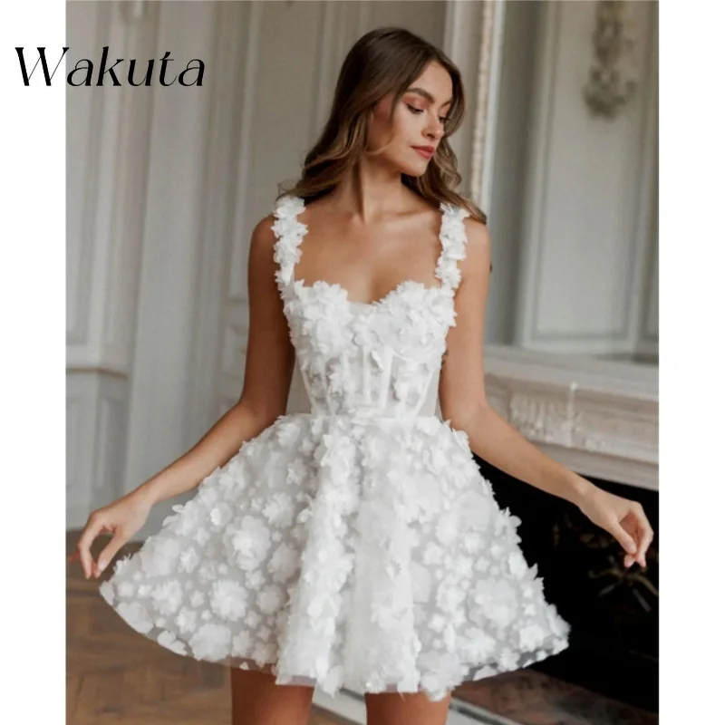 Wakuta White Brides Wedding Dress Flower Lace Embroidery Evening Robe Sleeveless Lace-up Spaghetti Strap Party Vestido De Fiesta