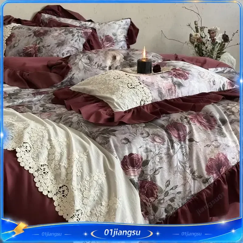 Vintage French Style Rose Print Lace Ruffle Bedding Set 1000TC Egyptian Cotton Duvet Cover Flat Fitted Sheet Pillowcase 4Pcs