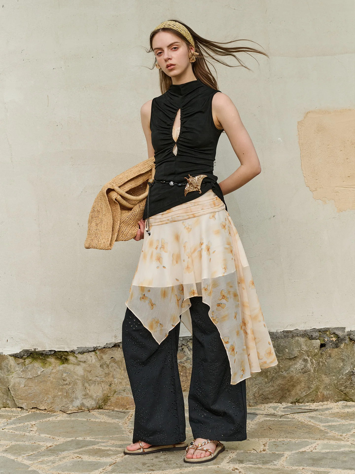 

Bla Embroidered Hollow out Wide Leg Pants Street Sle Loose Fit Jeans Casual Trousers for Women Spring Summer Faion