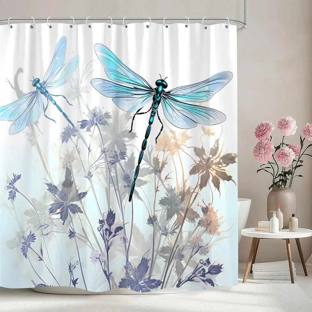 Dragonfly Pattern Printed Shower Curtain Watercolour Painting Botanical Flower Art Creative Fabric Shower Curtains Bathroom Deco