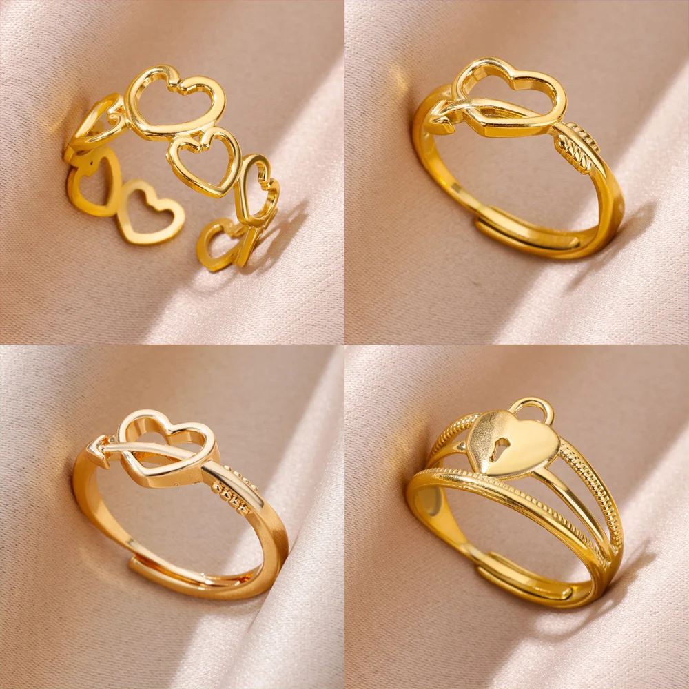 

Heart Rings for Women Adjustable Stainless Steel Ring Gold Color Cupid's Arrow Couple Jewelry Finger Accessories anillos mujer