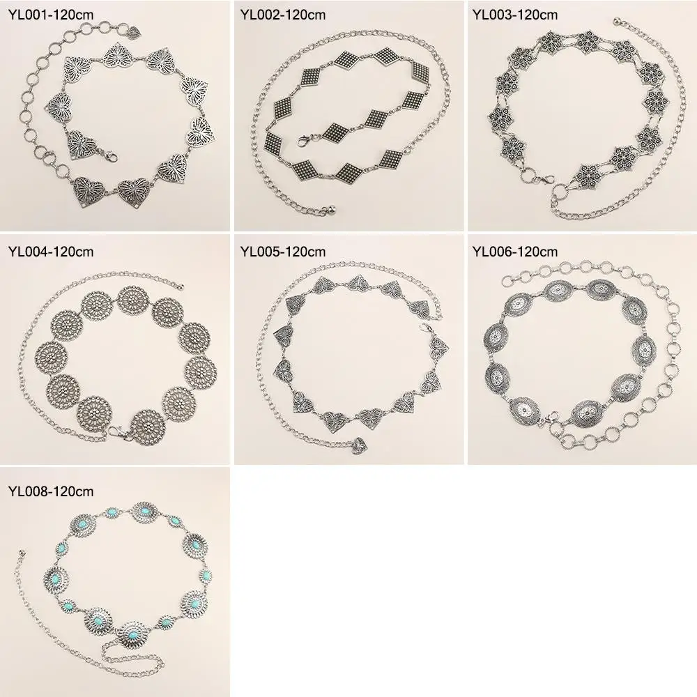 Cintura in vita regolabile in metallo retrò Cintura skinny decorata Boho Cintura da cowgirl occidentale in argento da donna