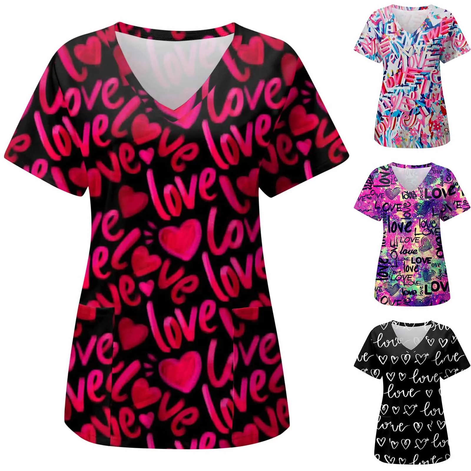 Women Scrub Nurse Print Short Sleeve Cartoon V-Neck Tops Working T-Shirts Heart Print Healthcare Tunic Carers Workwear Tops