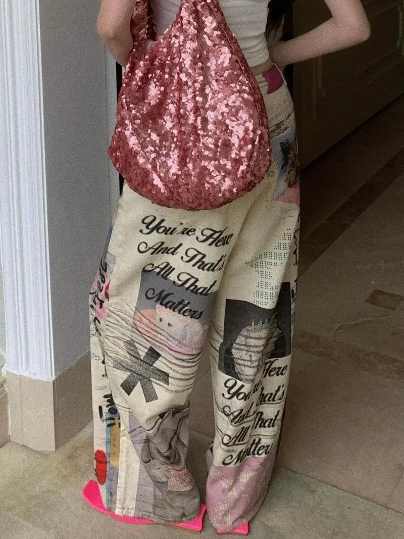 

New American Street Washed Printed Cartoon Jeans for Women Loose and Slimming Wide Leg Casual Pants Female Clothing