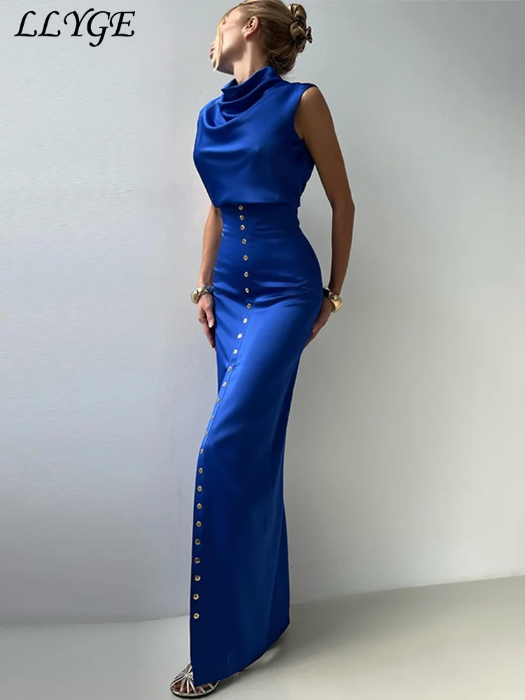 Elegant Crop Top Skirt Set Women Turtleneck Sleeveless Vest High Waist Button Long Skirts 2025 Spring Lady Satin Solid Outfits