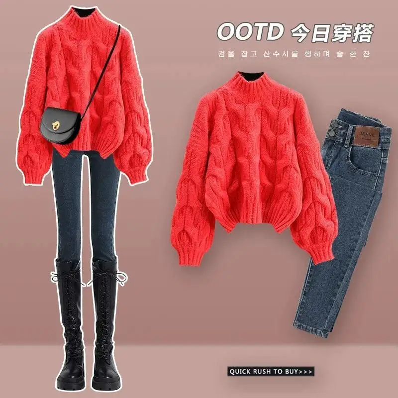 Autumn/Winter Korean New Women\'s Set Half High Collar Knitted Knitted Flower Sweater+Slimming Jeans Two Piece Set