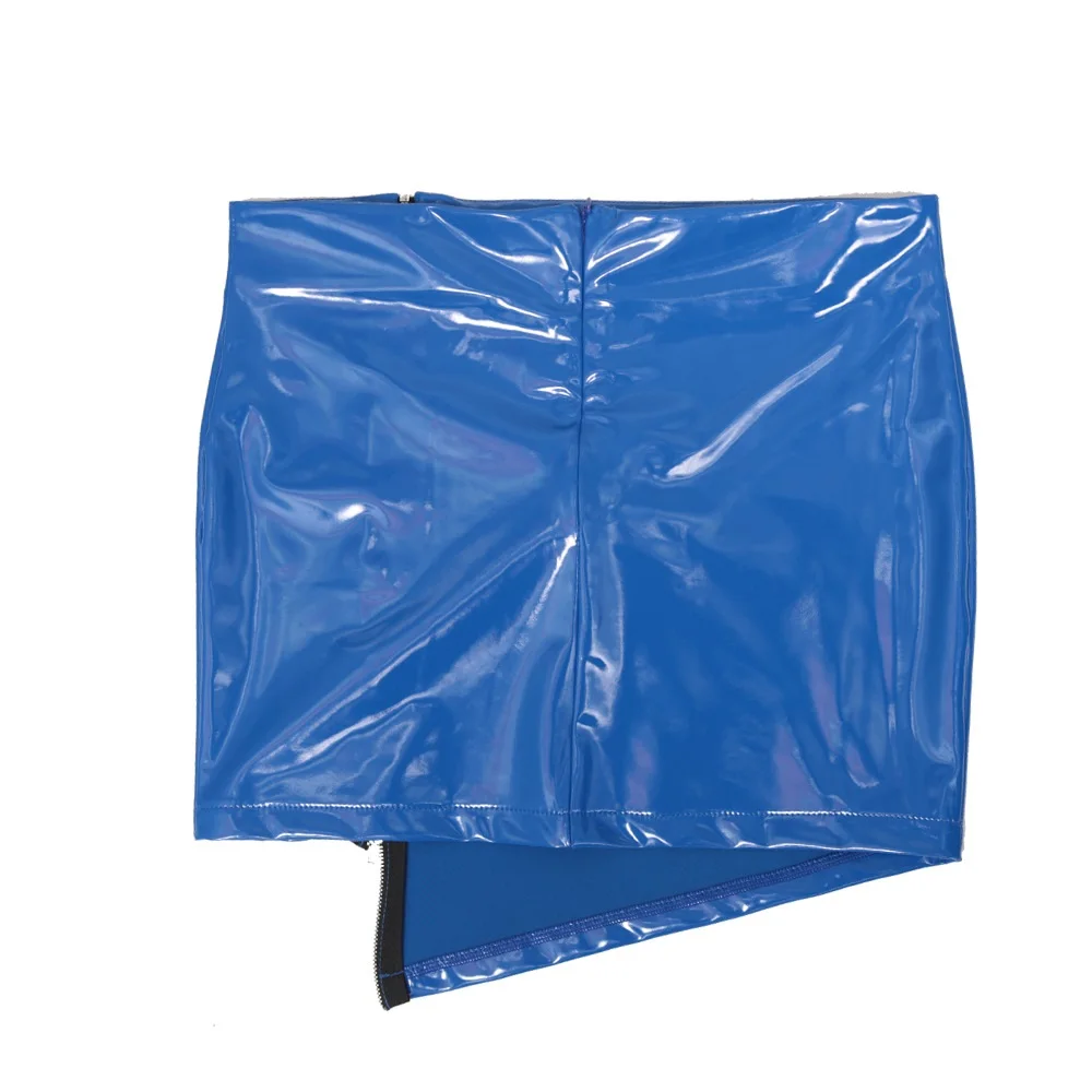 Women Lady Sexy Skirt Faux Leather Glossy Blue Zip Front Stylish Nightclub Stage Performance