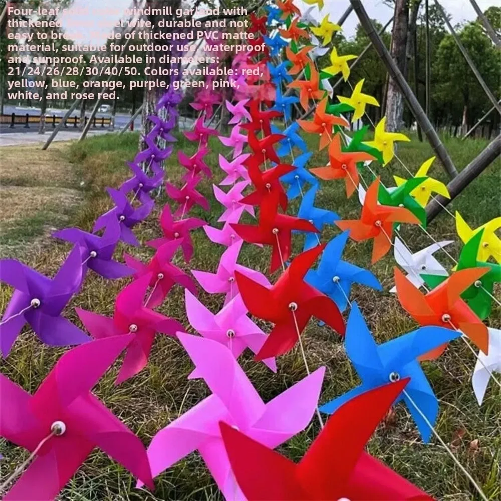 10pcs/set with Rope Strings Colorful Arch Corridor Windmill Colorful with Steel Wire Rope 4 Leaves Pinwheels Pure Color 21/24cm