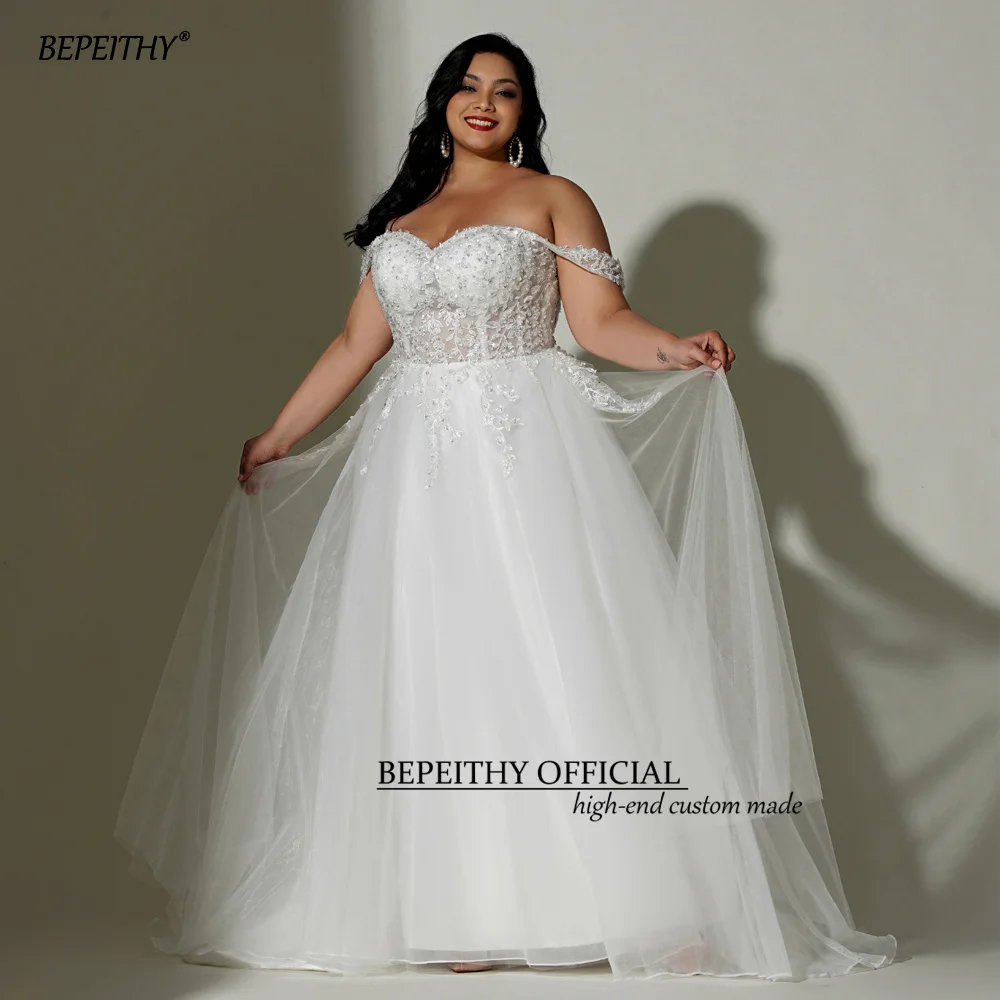 Bepeithy personalizado marfim plus size boho vestidos de casamento para 2024 mulheres noiva uma linha renda branca curva marfim vestido de noiva