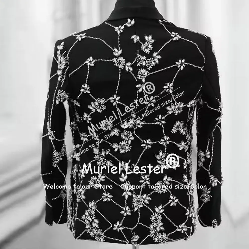 Exclusive Men's Tuxedo Suit For Wedding Shawl Lapel Prom Blazer With Sliver Beaded Stones Customized Single Breasted Groom Coat