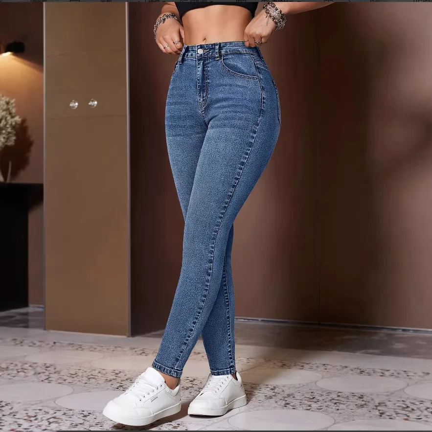 Four Seasons Vintage Fashion Women Dark Blue Solid Color Skinny Casual Simple Wash Denim Trousers Jeans Pants Bottom Clothes