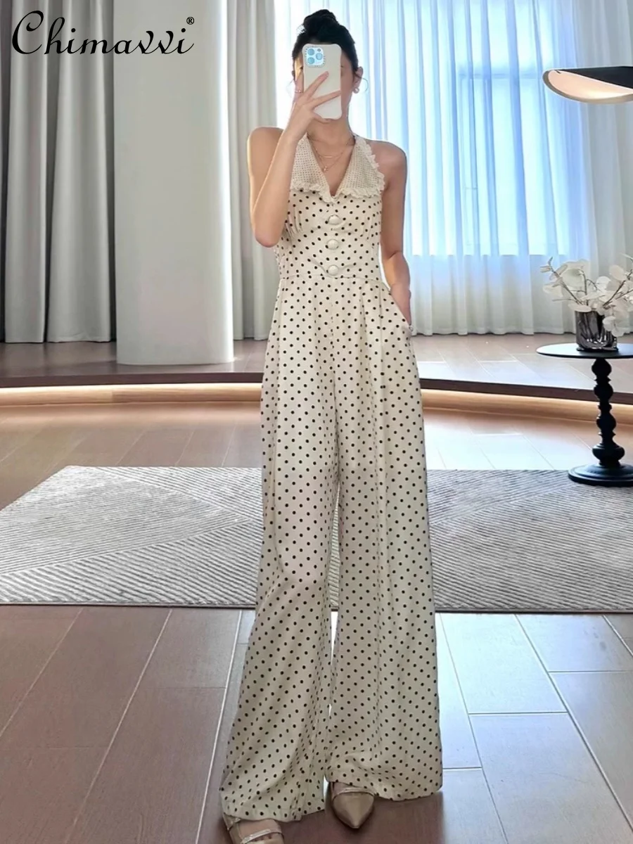 2024 Summer New High-end Lace Lapel Sexy Halter Polka Dot Backless Wide-Leg Jumpsuit for Women Elegant OL Women's Jump Suit