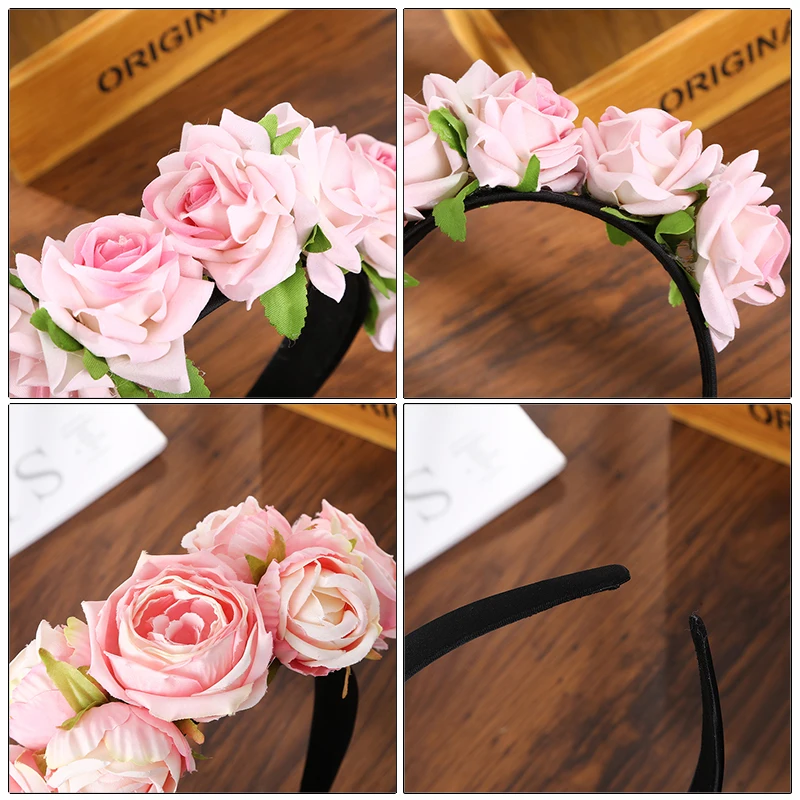 Haimeikang New Rose Diadem Flower Tiara Headband for Women Big Pink Floral Crown Wedding Garland Hair Flowers Bride Headwear