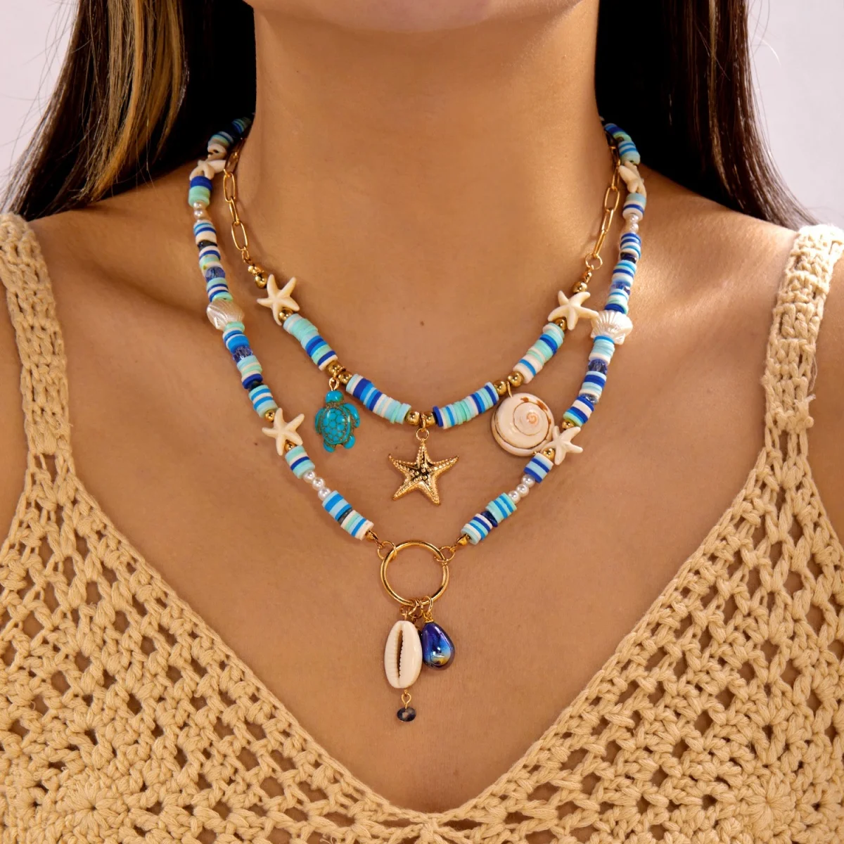 Halskette mit Seestern, Muschel, Schildkröte und Quaste aus Kunstharz für Damen und Herren, doppellagig, blau, aus weicher Tonperlen, Sommer-Strandschmuck – Detail 10