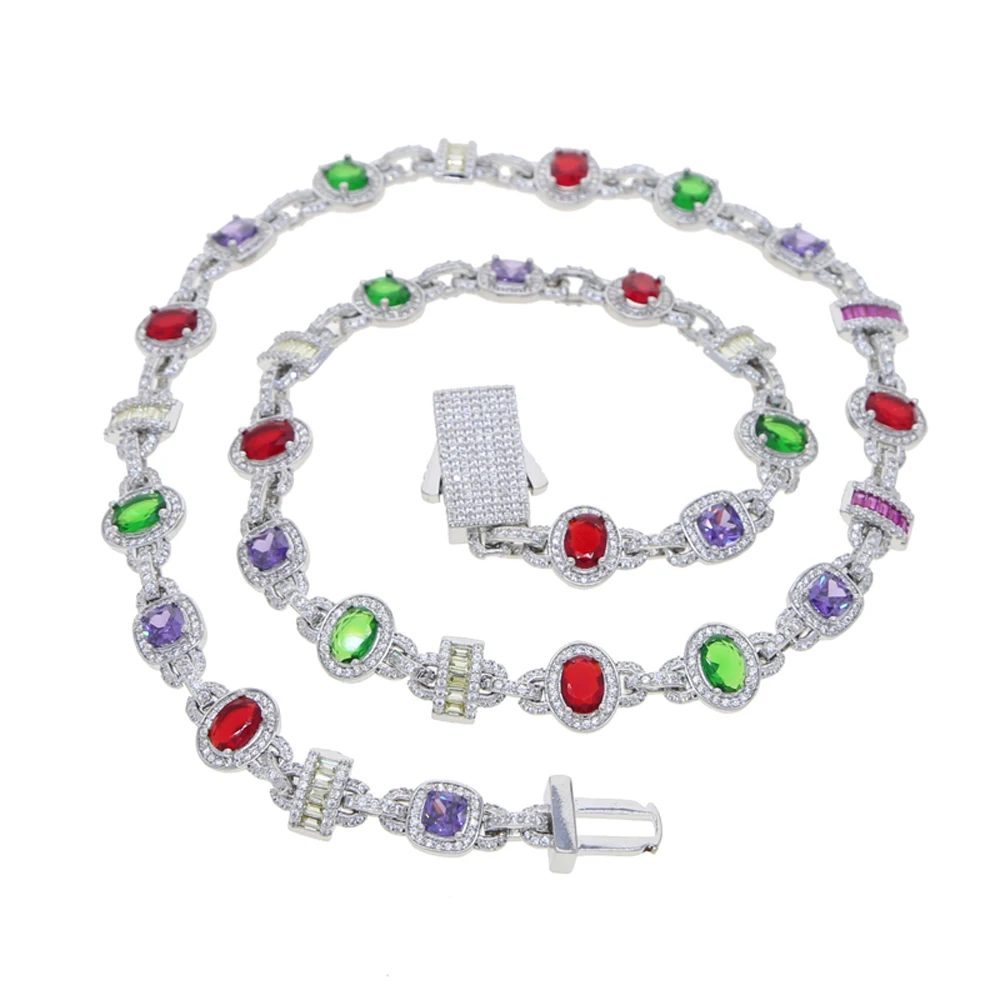 New Colour Oval Square Charm Necklace Silver Color Iced Out Cubic Zircon Cuban Chain Choker Women Men Fashion Hip Hop Jewelry