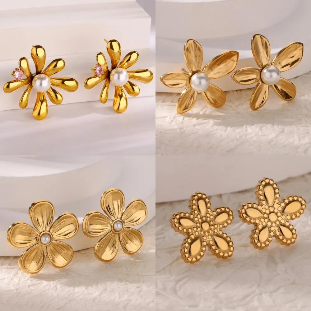 

Pearl Flower Stud Earrings for Women Gold Color Flora Earrings Trend 2024 Wedding Party Daily Ear Jewelry Christmas Gifts aretes