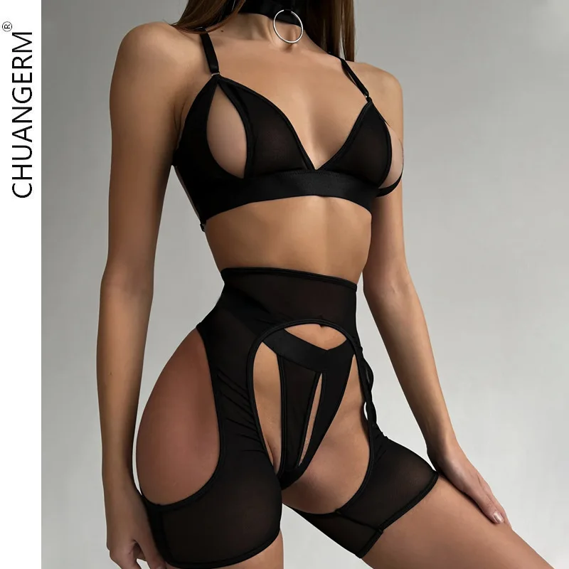 

CHUANGERM Sexy Hot Women's Solid Colour Splicing Mesh Lingerie See-Through Hollow Back Low-Cut Erotic Four-Piece Set Onlyfans