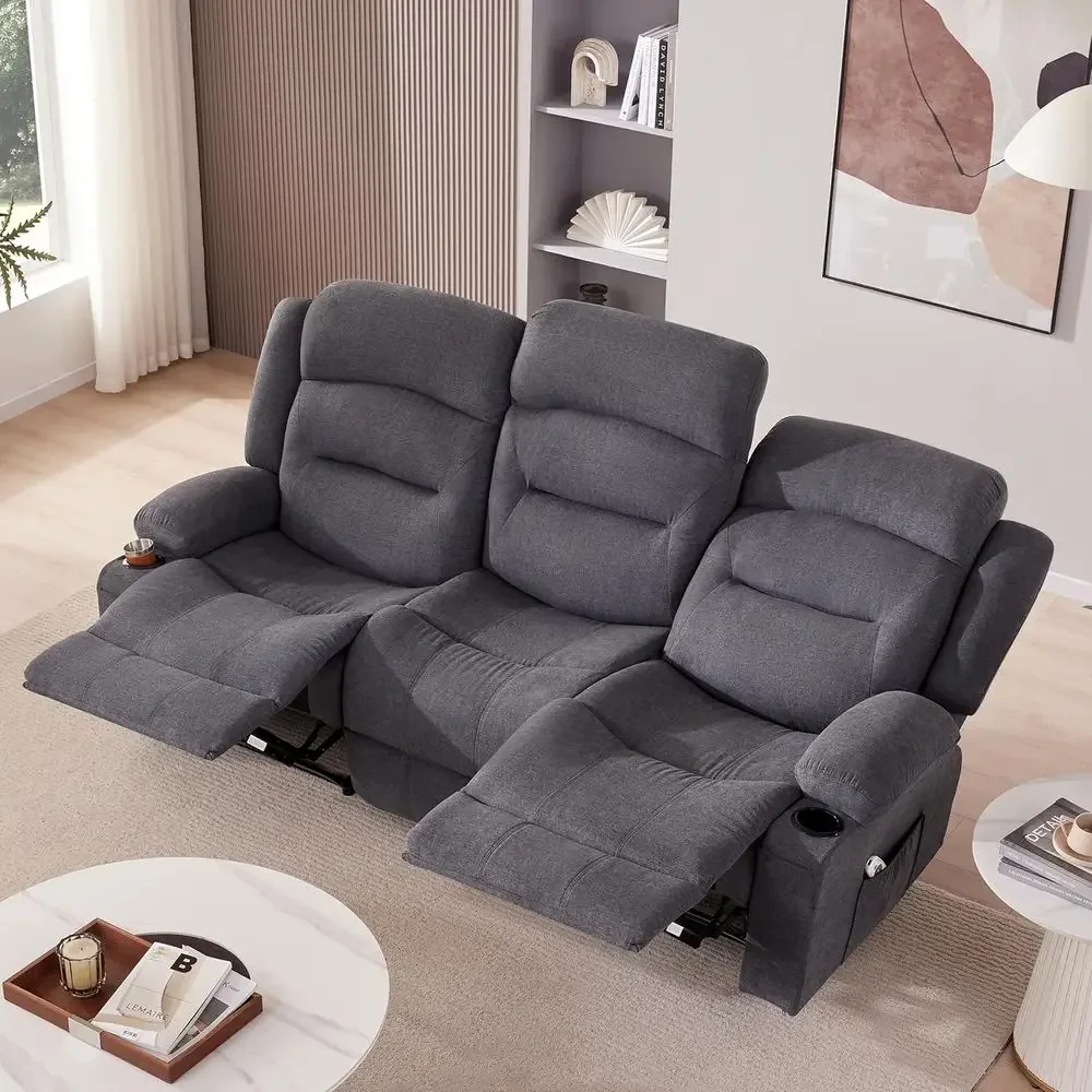 Extra Large 3-Person Recliner Sofa with Heat, Massage, Cup Holders, and USB Port - Grey Fabric