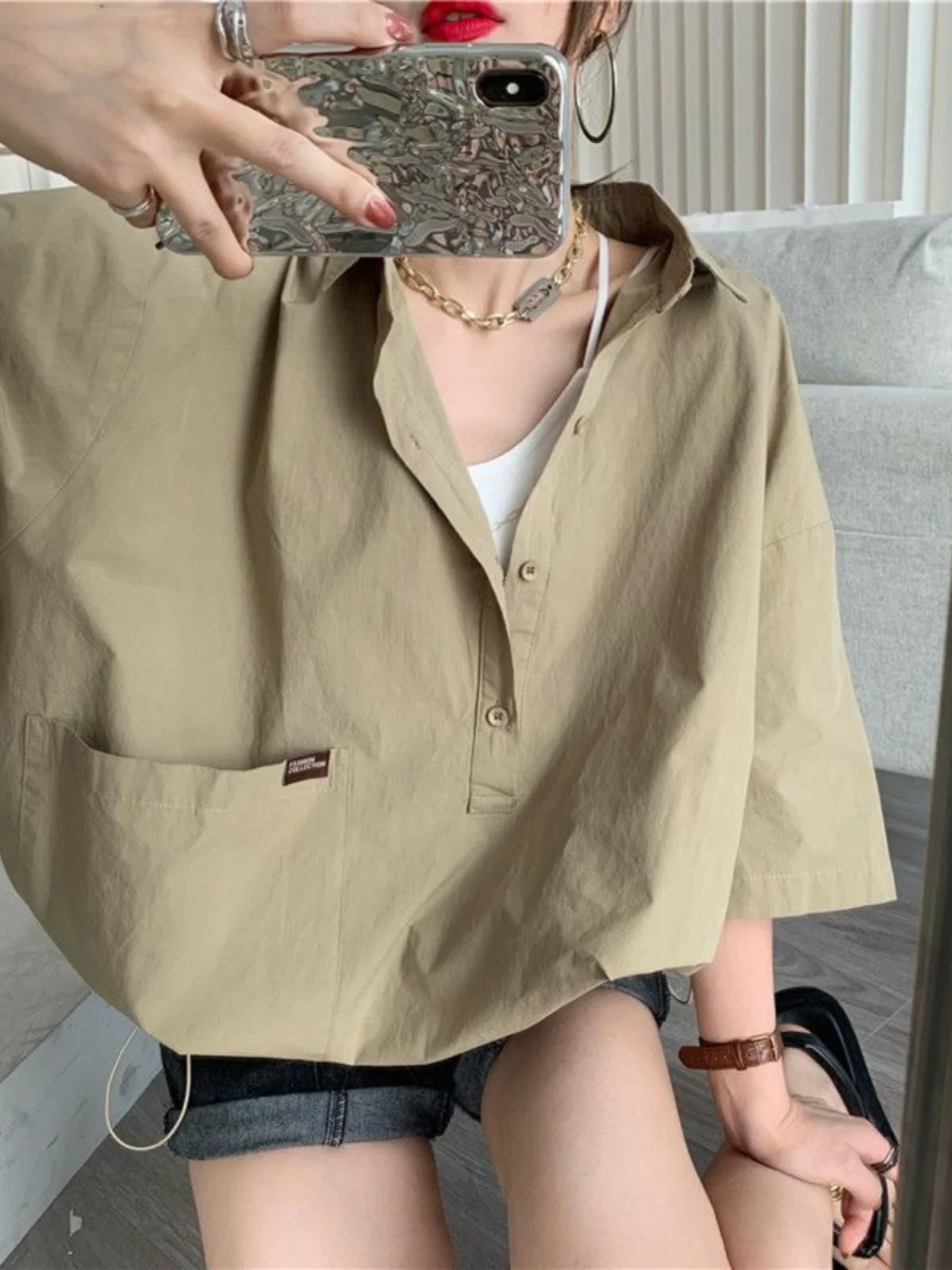 Summer plus Size Slimming Short Sleeve Collared T-Shirt Women's Workwear Style Waist-Cinching Meat-Covering Loose Fit Top