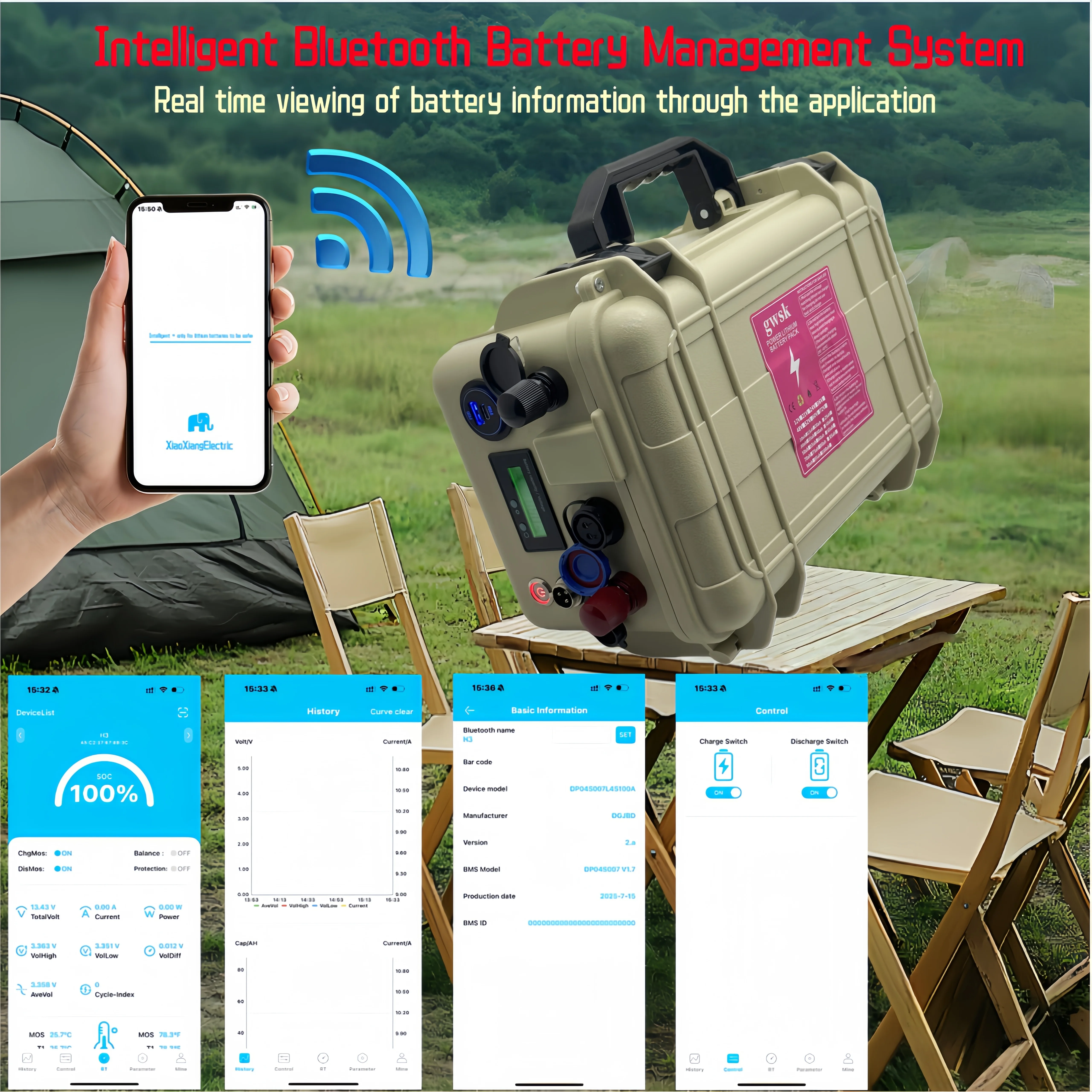 

Solar LIFEPO4 battery 12V RV lithium iron phosphate battery 100AH large capacity, supports Bluetooth connection