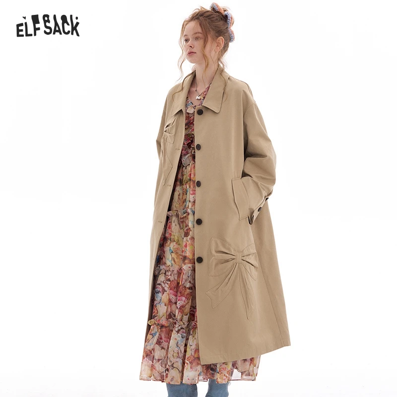 ELFSACK 2025 Spring New Arrivals Bowknot Khaki Trench Coat Women Fashion Korean Elegant Outerwear Woman Lapel Mid-length Coat Fe