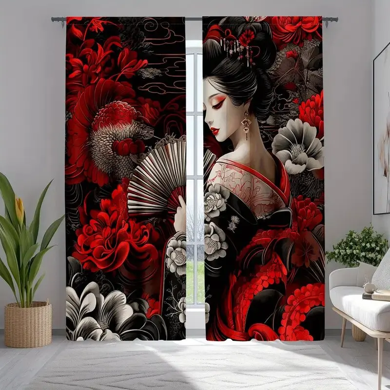 2pcs Japanese Geisha Kimono Print Curtains, Asian Style Rod Pocket Design for Living Room Bedroom Home Decor