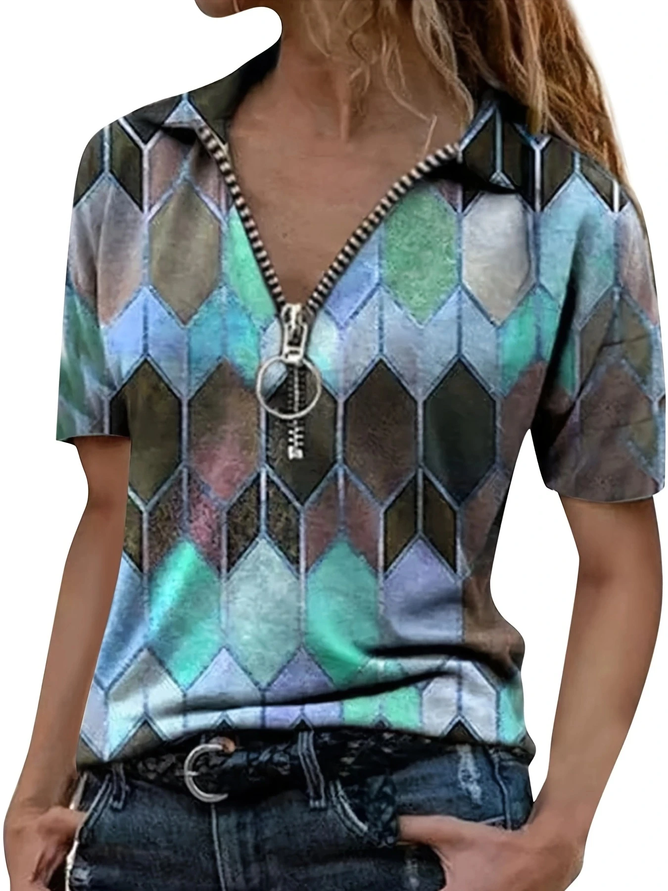 Versatile All-Season Women\'s Polo Shirt- Easy-Care,Stretch Comfort with Stylish Zip and Geometric Design for Everyday Casual Wea