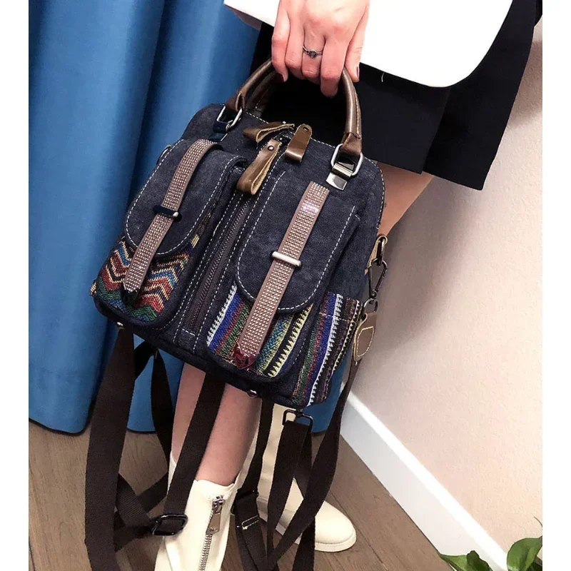 Korean Retro Motorcycle Fashion Large Capacity Top-handle Crossbody Bag Multi-purpose Bag Single Shoulder Embroidery Backpack