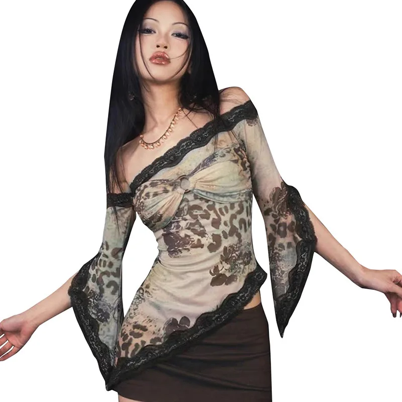 غير المتماثلة خياطة الدانتيل الندى الكتف تي شيرت المرأة 2024 الربيع الصيف الأمريكية خمر بلايز سيدة تنوعا مثير سليم تي شيرت #5