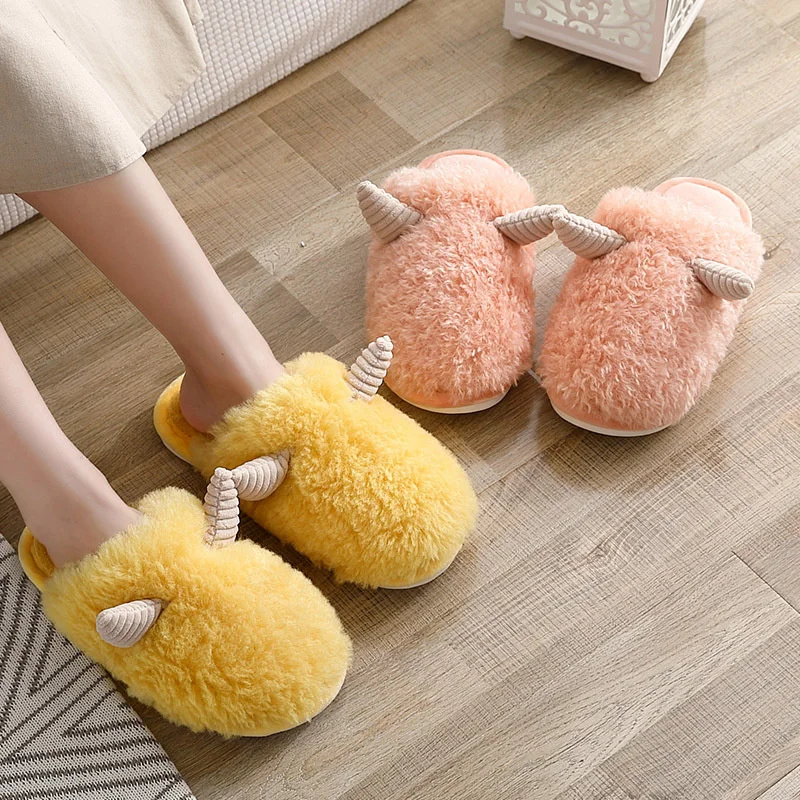 Cotton Home Slippers For Women Winter Couples Plush Slipper Household Anti-skid Warm Cute Sheepskin Wool Slippers For Men