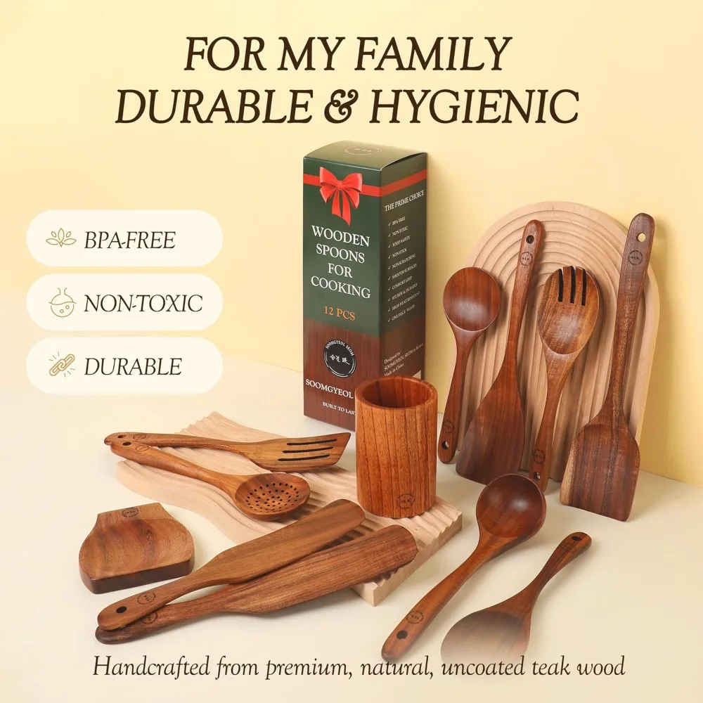 

Best Selling Wooden Spoons for Cooking -12 Pcs Teak Wood Utensil Set with Large Spoon Holder, Spoon Rest & 2 Spurtles