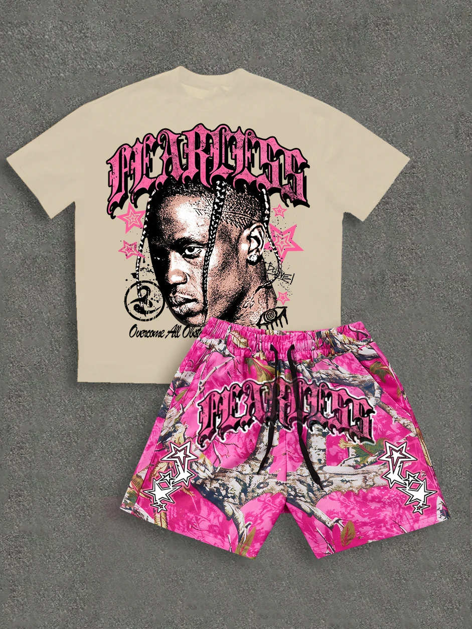 

Men's Summer Fashion Trendy T-Shirt, Eye-Catching Pink“ Fearless” Letter Print and Star Decoration Camouflage Shorts,“ Overcome Everything Obstacles” Attitude Declaration - Easy to Create Street Style Suit