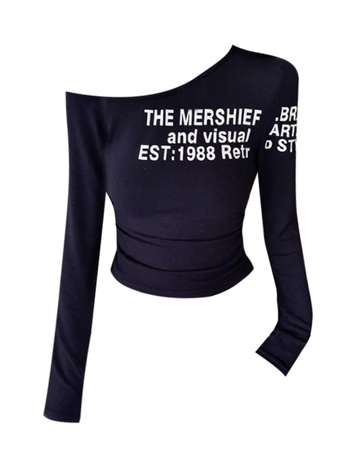 تي شيرت نسائي جديد بتصميم أمريكي عصري، بطبعة حروف، بأكمام طويلة وكتف غير متماثل، أحمر مطوي، قصير وضيق.