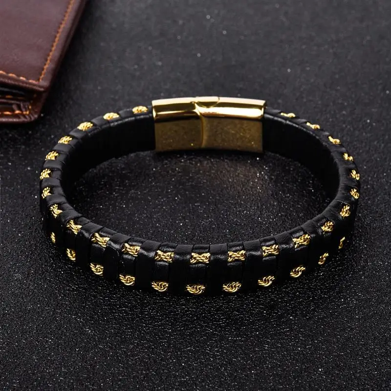 Jiayiqi Punk New Leather Bracelet Black Braid Gold Color Stainless Steel Bangles for Men Jewelry Gifts Wholesale Customize