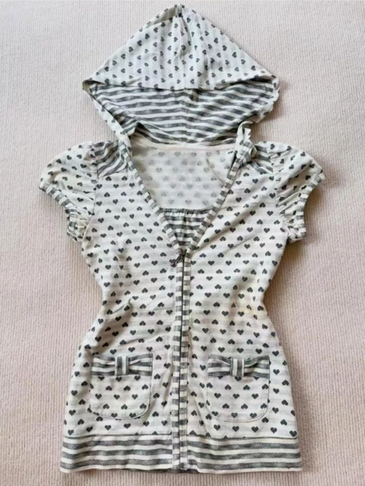 Camiseta japonesa con capucha y estampado de lunares para mujer, Tops góticos ajustados de manga corta, ropa informal Vintage de pintor caliente para verano