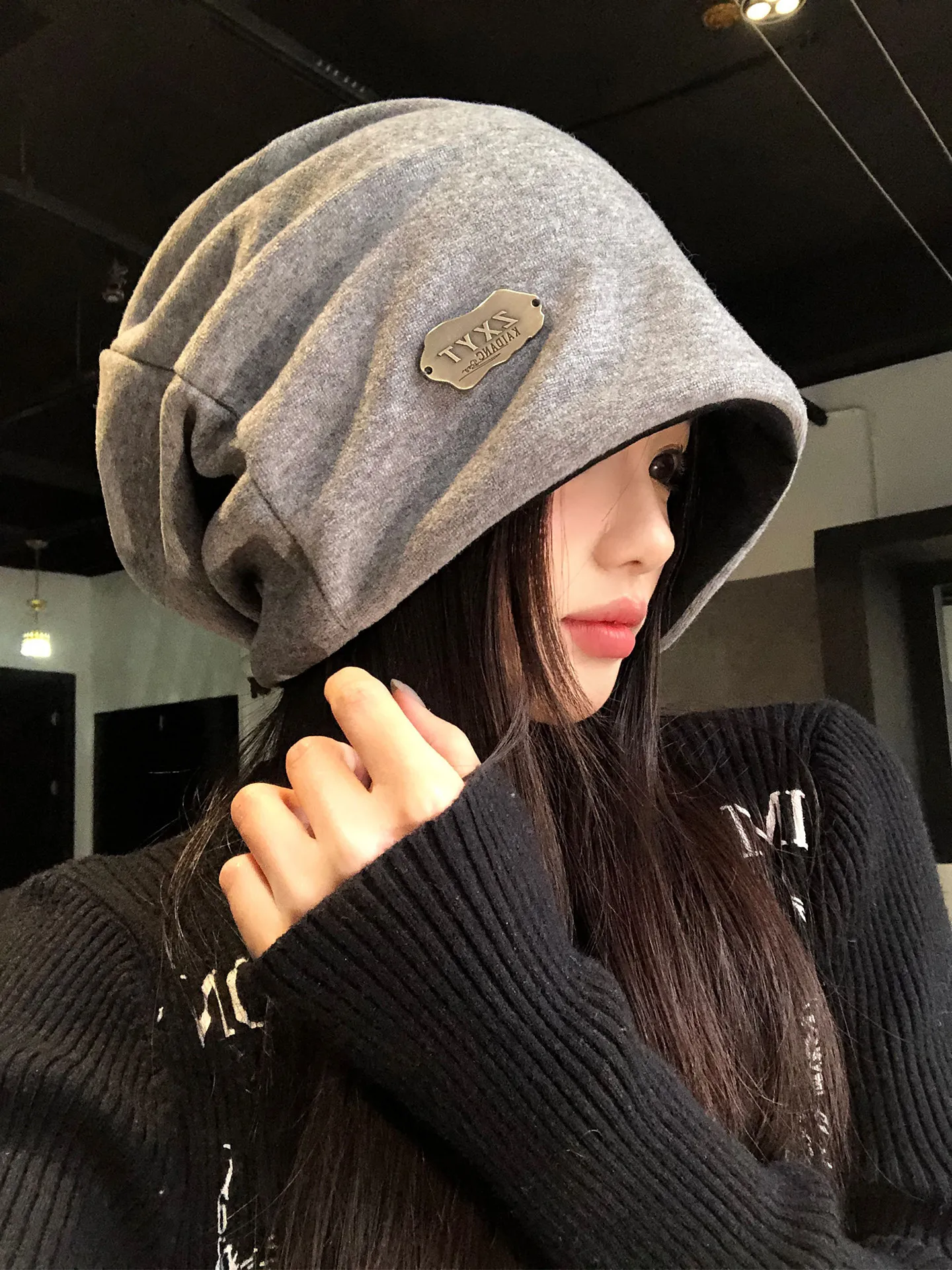 Korean ins high-end big head circumference gray stacking hat women's winter cold-proof and warm ear protection cold hat bag