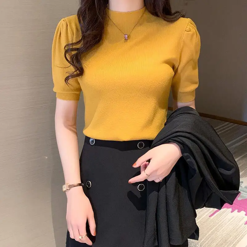 Half Height Collar Knitting Bright Colors Women Clothes Puff Sleeve Bottoming Multiple Colors Tops Screw Thread Spring Summer