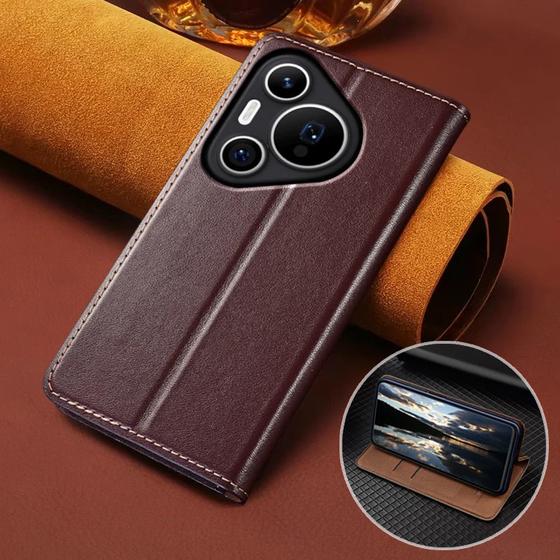

For HUAWEI Pura70 Pura 70 Pro Plus Ultra 5G Flip Case Napa Texture Magnetic Cover Luxury Cowhide Genuine Leather Wallet Cases