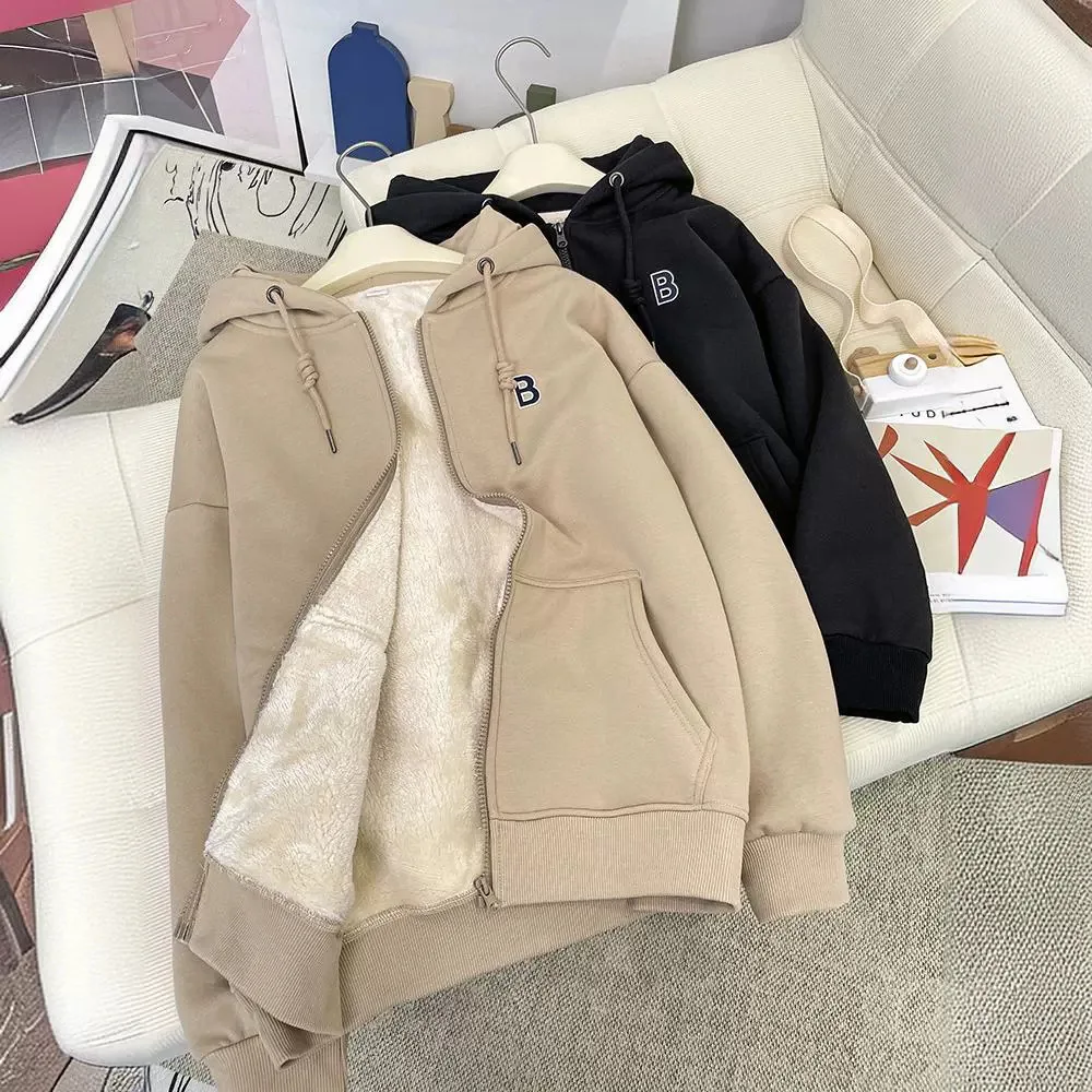 Padded Thickened Hooded Lamb's Wool Sweater Women's Fall and Winter Couple Models Loose Warm Long-sleeved Cardigan Zipper Jacket