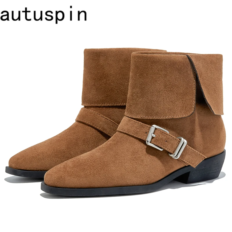 

Женские коричневые ботинки AUTUSPIN в стиле ретро, зима 2025 года, кожаные ботинки челси из флока с острым носком, осенняя женская обувь в британском стиле, размеры 35–40