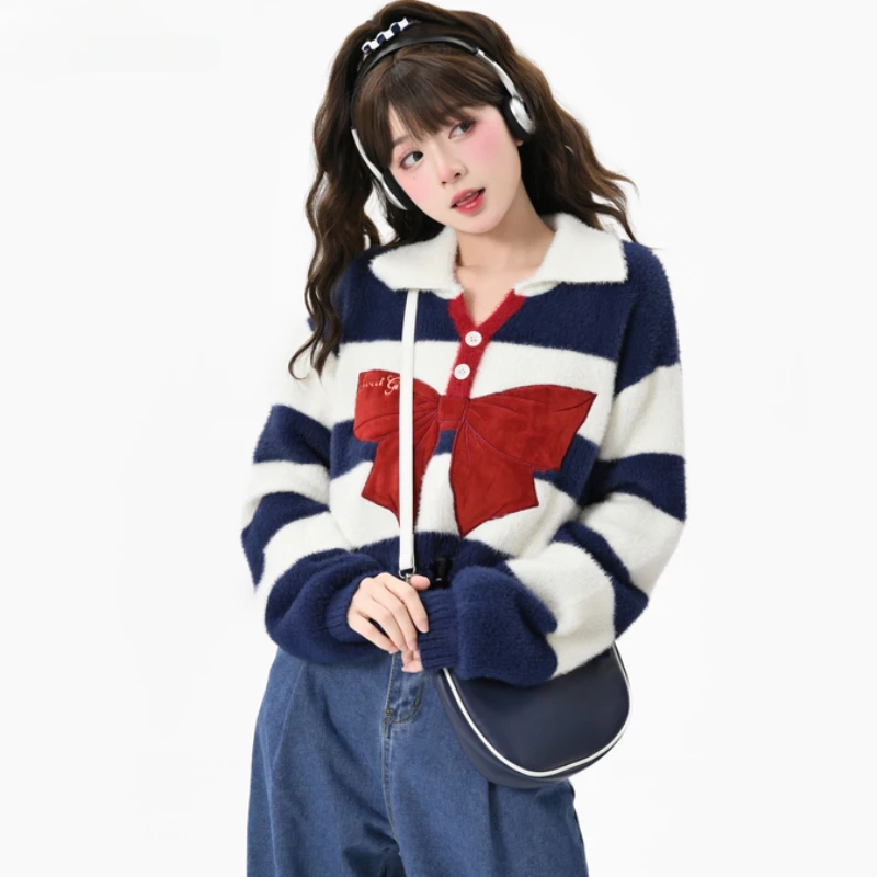 

Autumn Sweet Striped Knitted Cropped Pullovers Women Casual Imitation Mink Hair Bow Embroidery Sweater Coat Girls Knitwear Tops