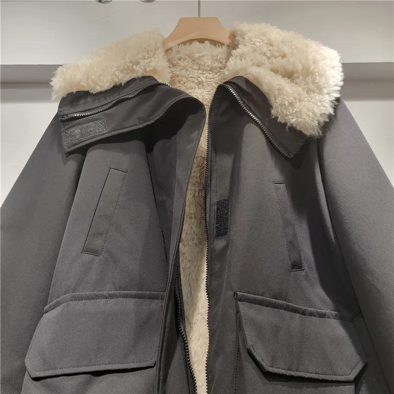 2025 Winter Women's Retro Army Green Plush Patchwork Big Lapel Parka Loose Casual Thickened Warm Winter Coat Jackets for Women