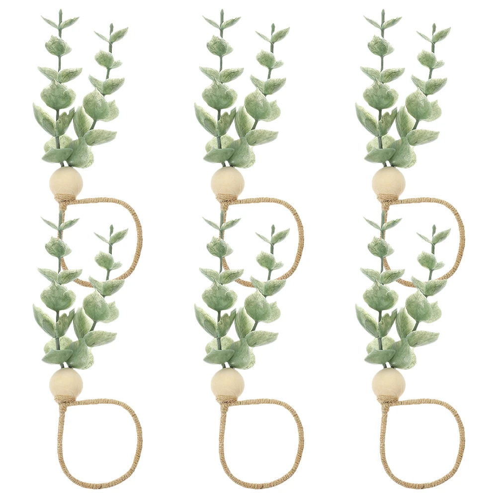 

6pcs Wood Bead Napkin Rings Rustic Reusable Rope Eucalyptus Leaf Table Decor Serviette Buckle Dining Accessories